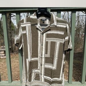 Express Men's Olive Green Geometric Shirt